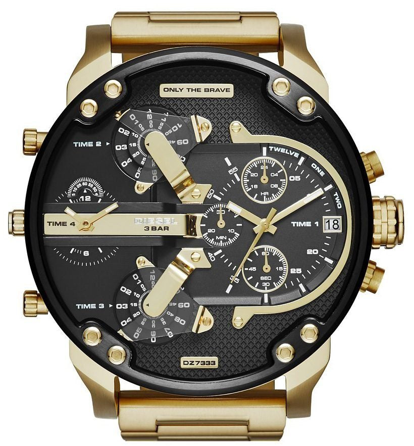 Diesel Mr. Daddy 2.0 DZ7333 Gold Chronograph Men’s Watch – Multi-Time Zone Luxury Timepiece”